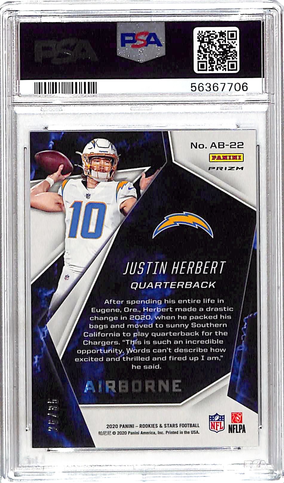2020 Rookies and Stars Justin Herbert Airborne Rookie RC Purple /35 PSA 10 Chargers