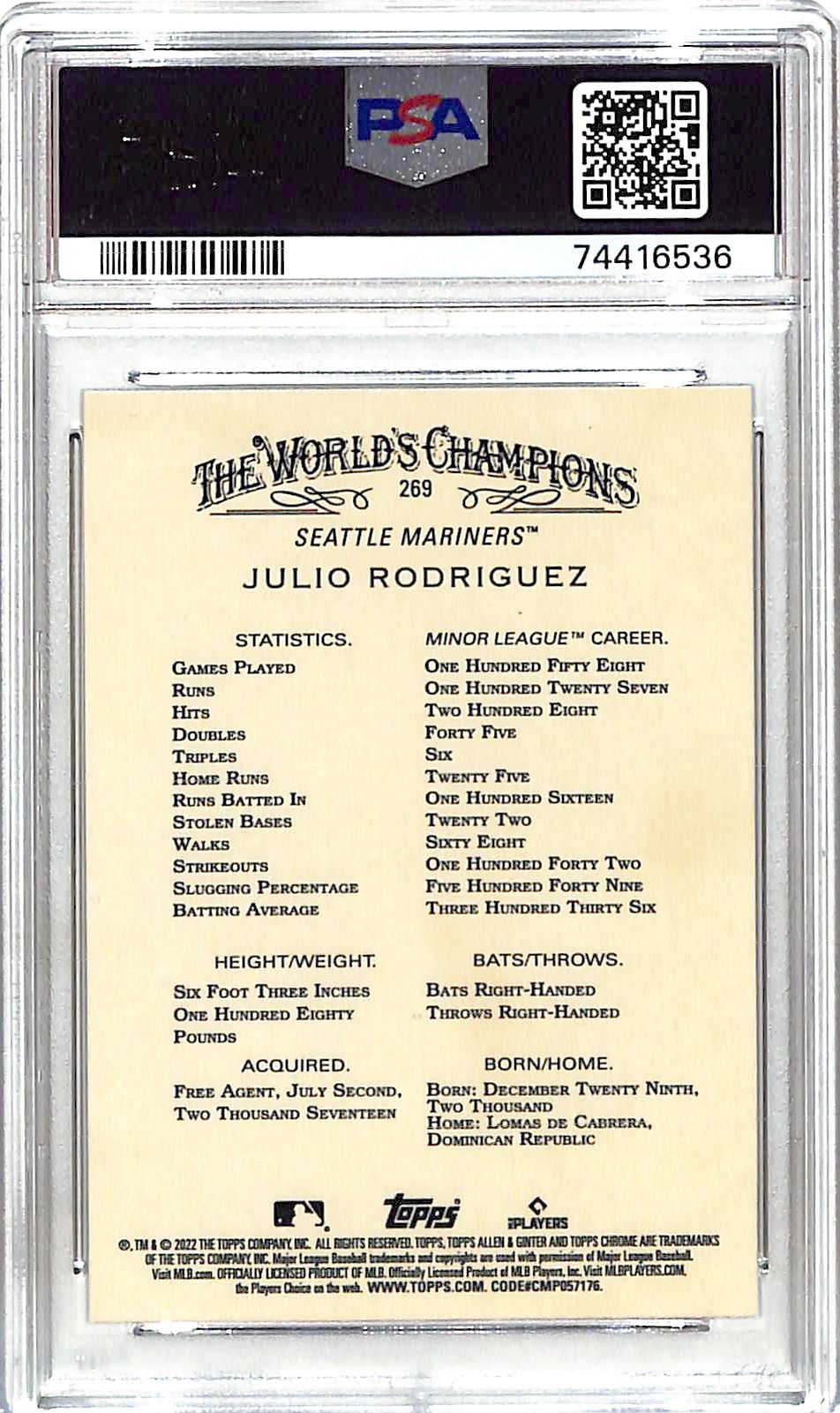 2022 Topps Allen and Ginter Chrome Julio Rodriguez Rookie RC #269 PSA 10 Mariners