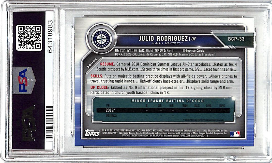2019 Bowman Chrome Julio Rodriguez Rookie RC Prospect Purple Mega Box Mojo Refractor /250 PSA 9