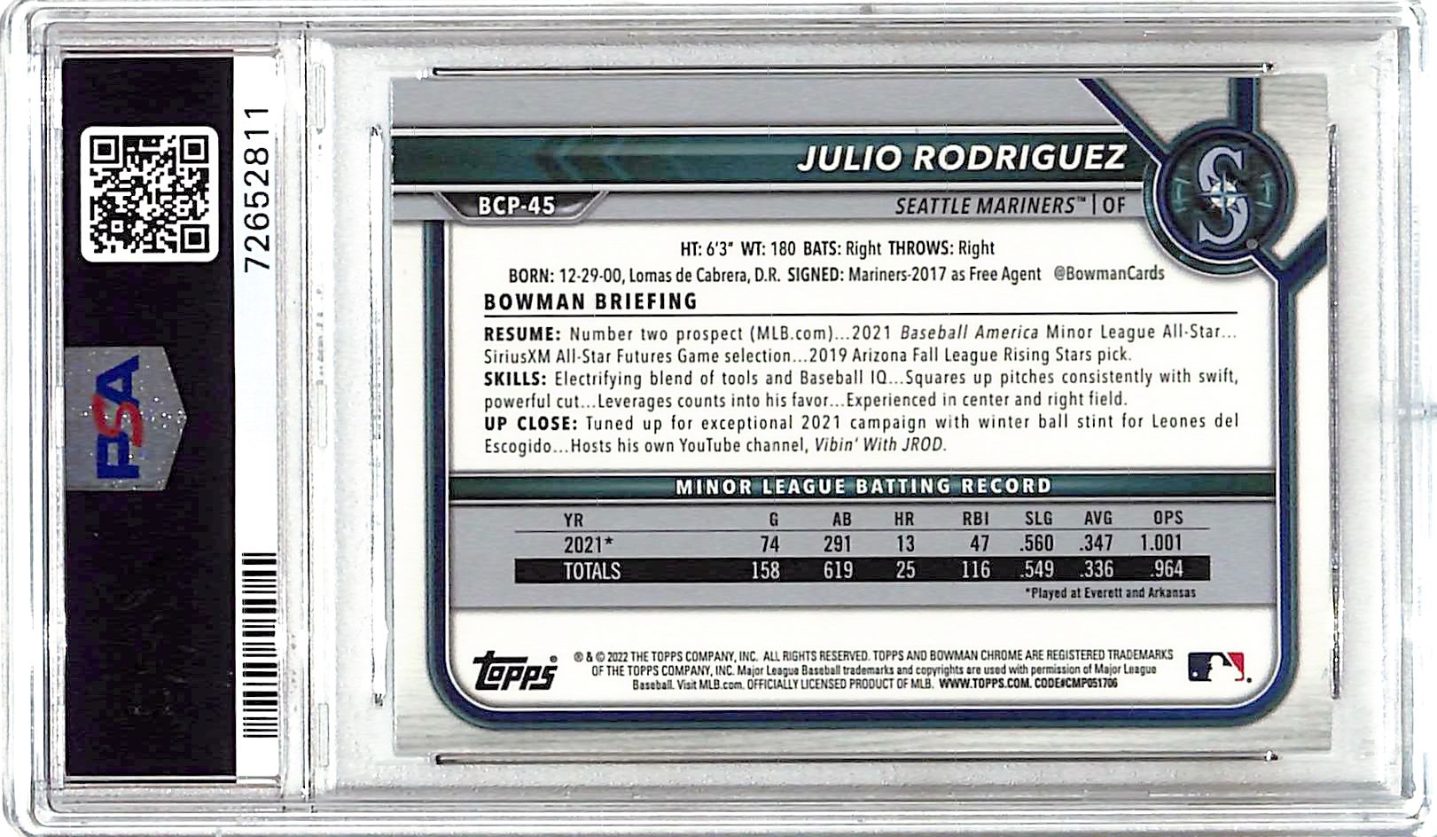2022 Bowman Chrome Julio Rodriguez Rookie RC Prospect PSA 10 Mariners