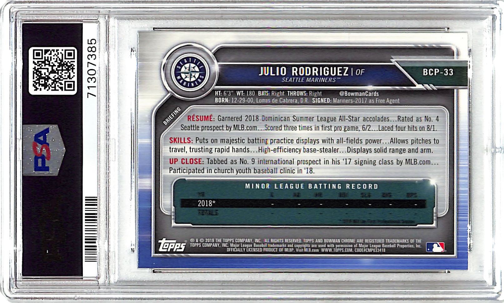 2019 Bowman Chrome Julio Rodriguez Rookie RC Mega Box Mojo Refractor Prospect PSA 10 Mariners