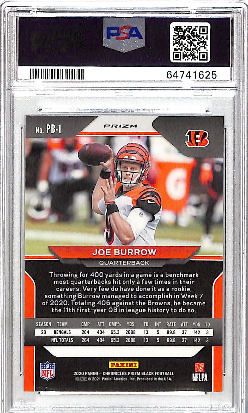 2020 Chronicles Joe Burrow Prizm Black Rookie RC Silver PSA 9 Bengals