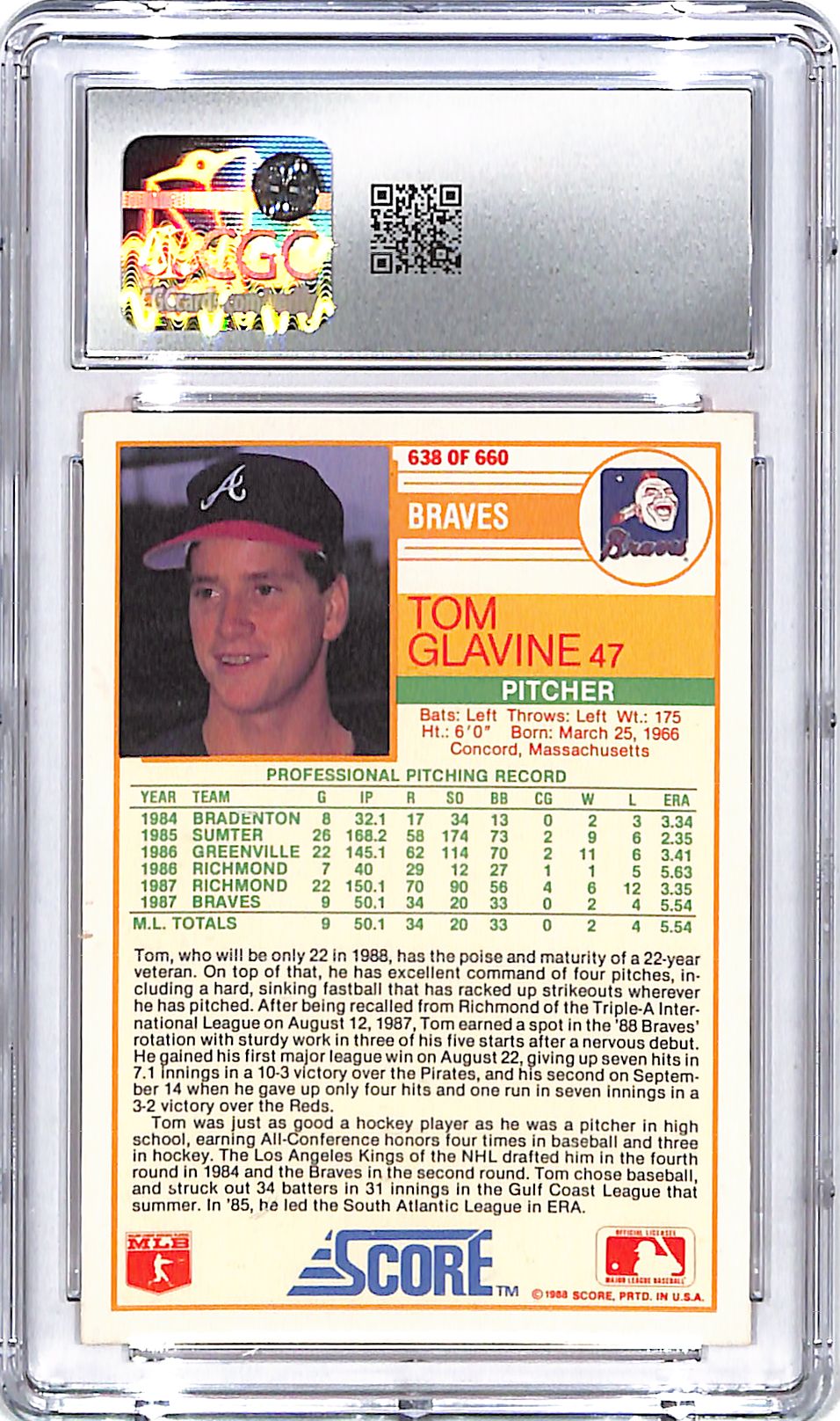 1988 Score Tom Glavine Rookie #638 CGC 9.5 Braves
