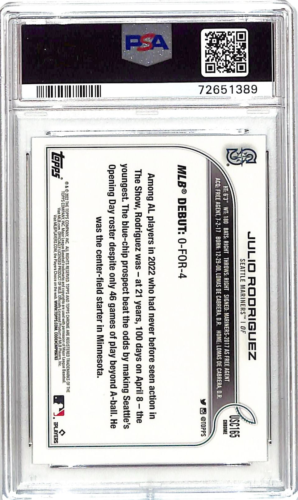 2022 Topps Chrome Update Julio Rodriguez Rookie RC USC165 PSA 10 Mariners