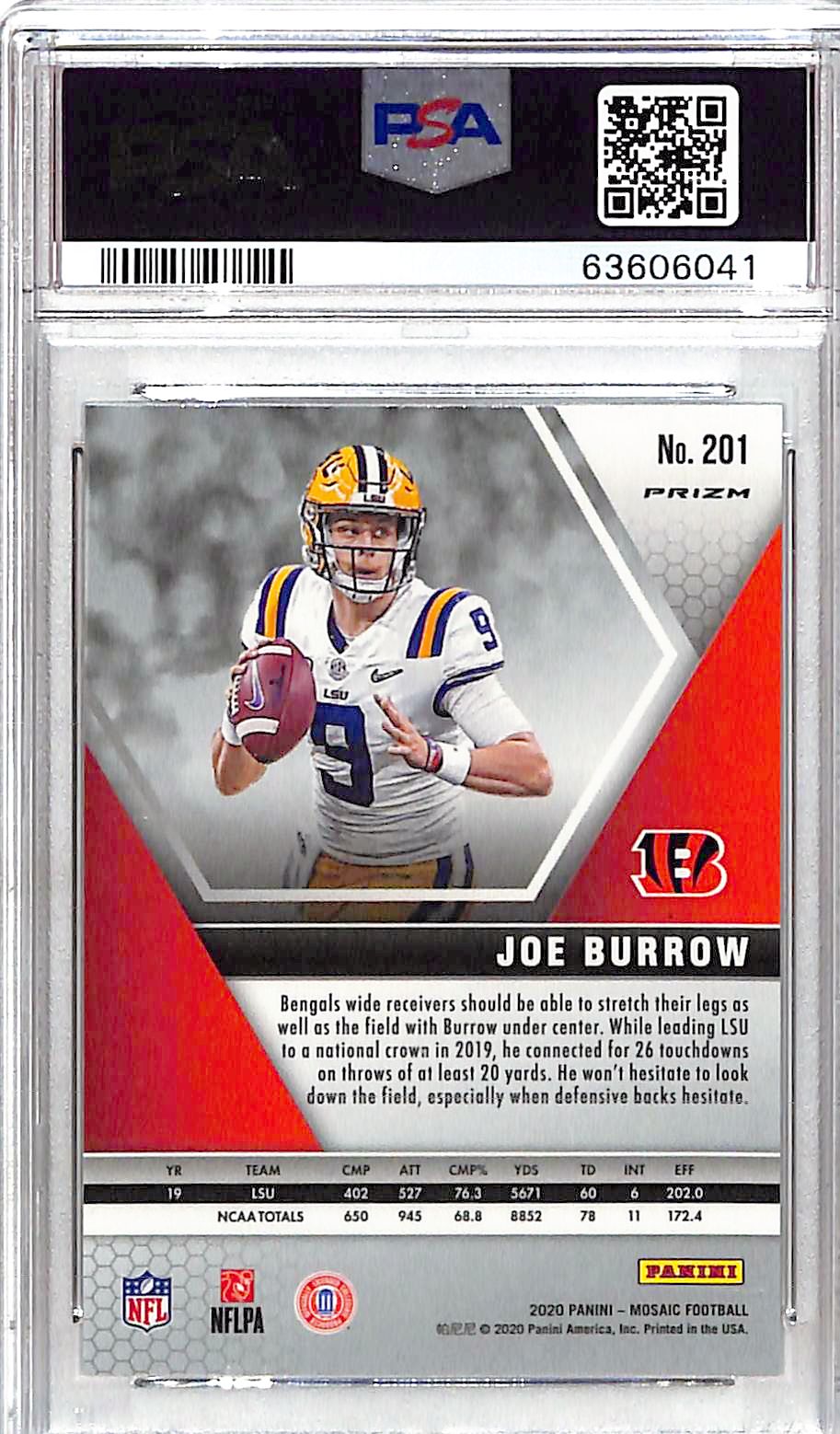2020 Mosaic Joe Burrow Rookie RC SP Photo Variation #201 PSA 10 Bengals