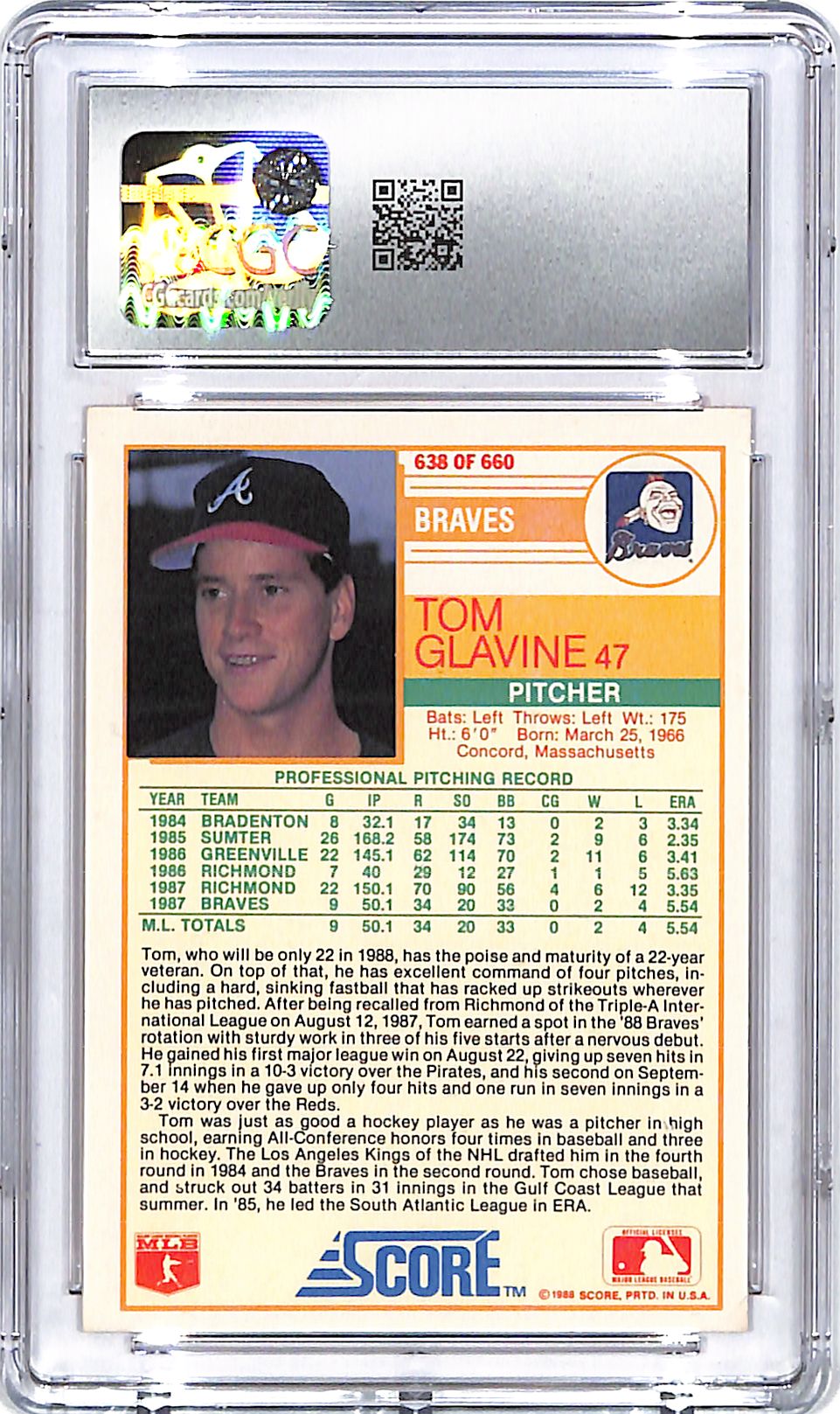 1988 Score Tom Glavine Rookie #638 CGC 9.5 Braves