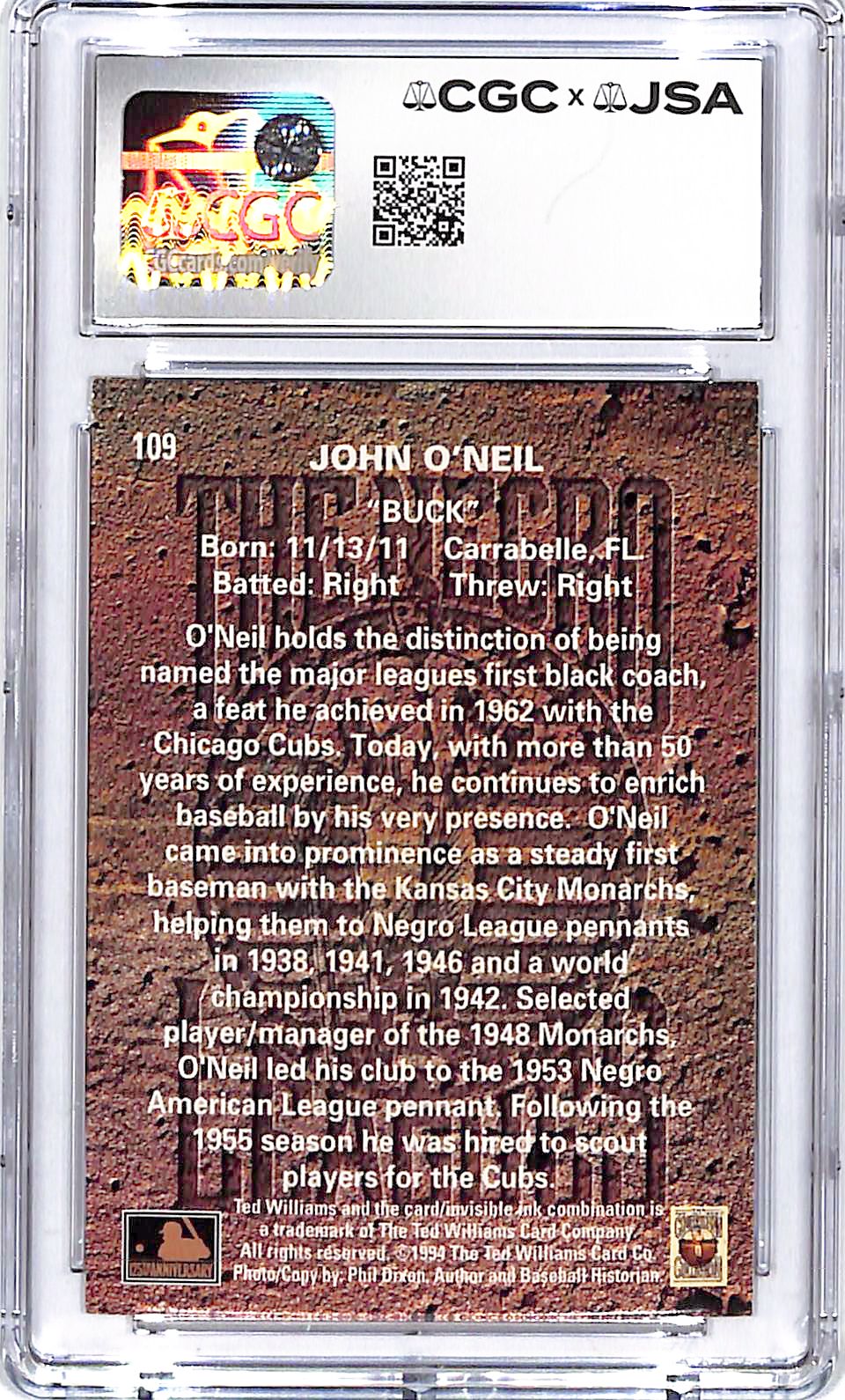 1994 Ted Williams Collection John O'Neil Auto Autograph CGC Authentic