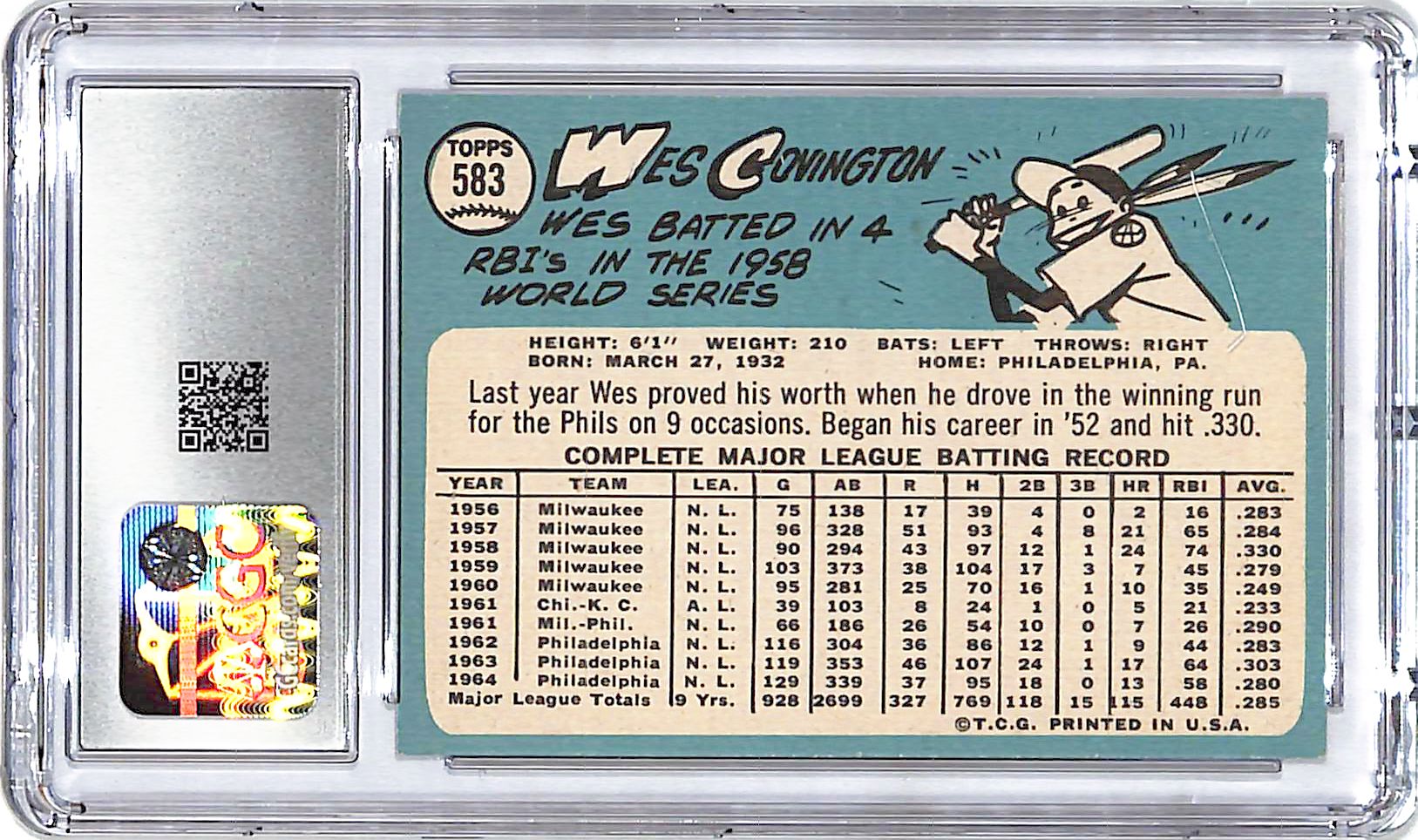 1965 Topps Wes Covington #583 CGC 8.5 Phillies