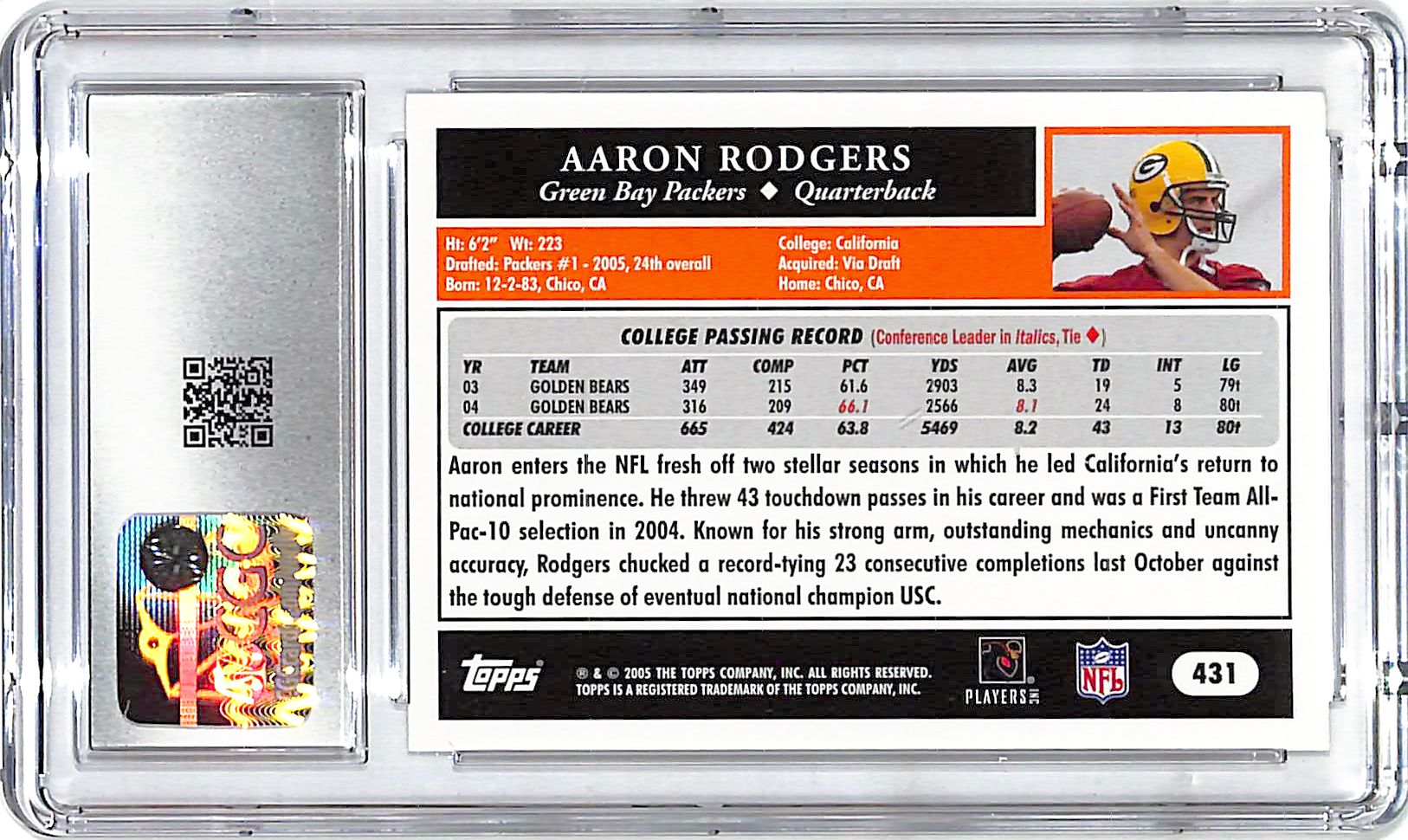 2005 Topps Aaron Rodgers Rookie RC #431 CGC 9 Packers