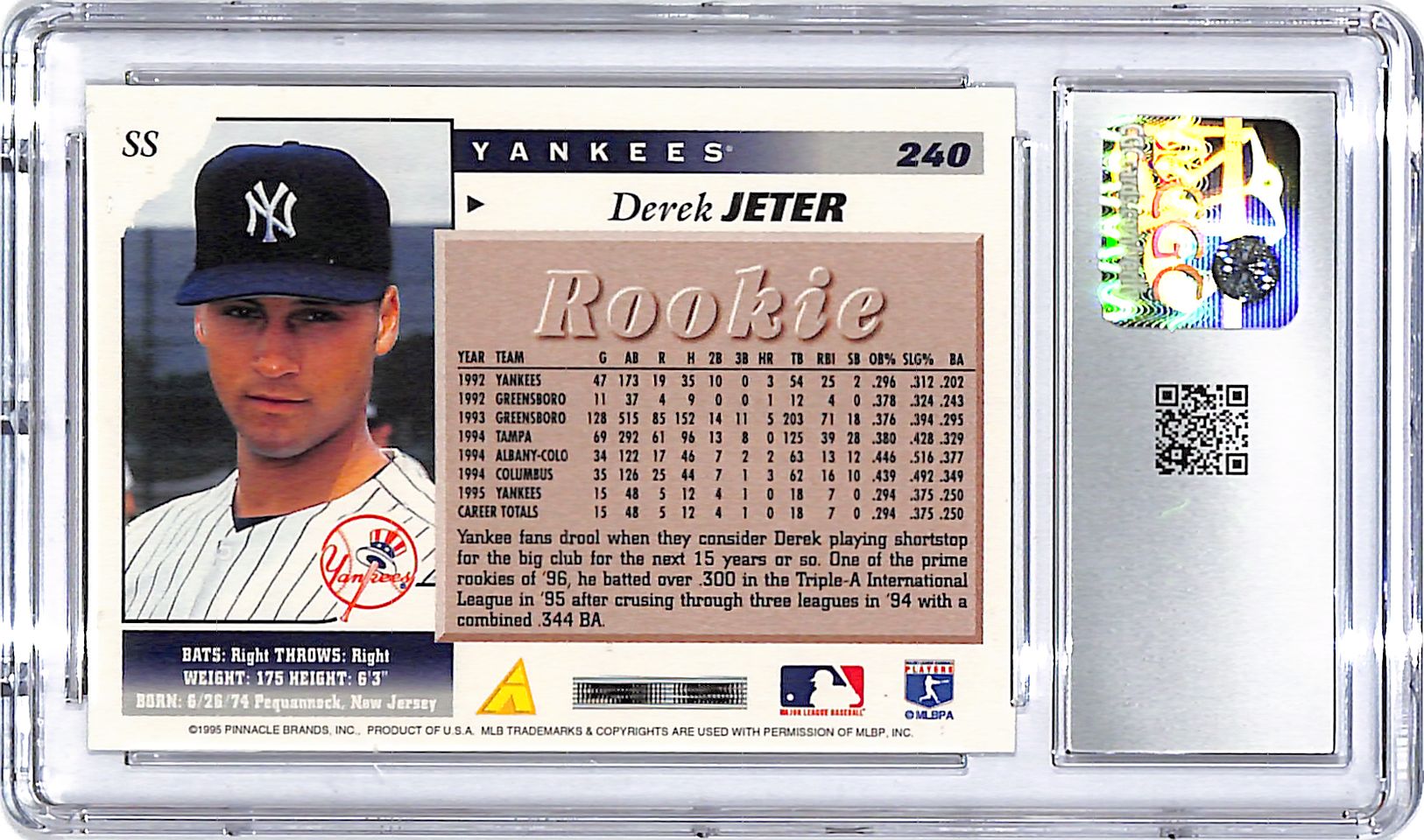 1996 Score Derek Jeter Rookie RC #240 CGC 9.5 Yankees