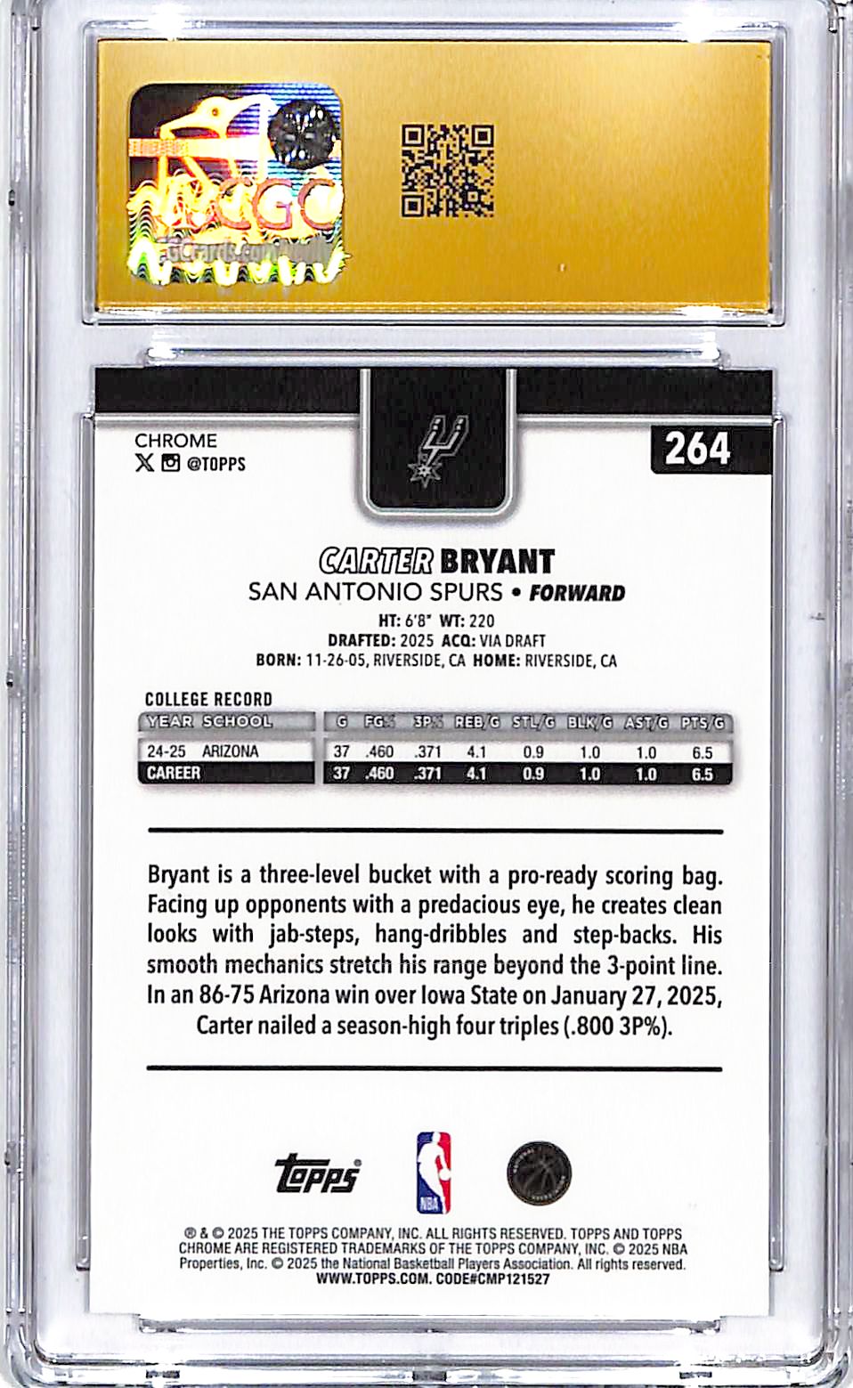 2025-26 Topps Chrome Carter Bryant Basketball Refractor Rookie RC CGC 10 Pristine Spurs