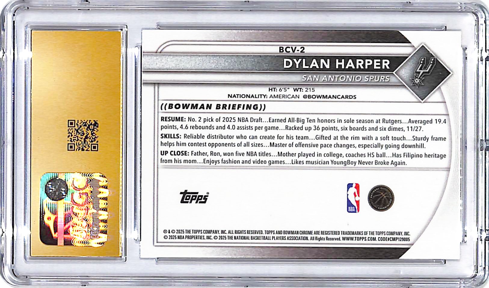 2025-26 Bowman Chrome Dylan Harper Rookie RC #2 CGC 10 Pristine Spurs