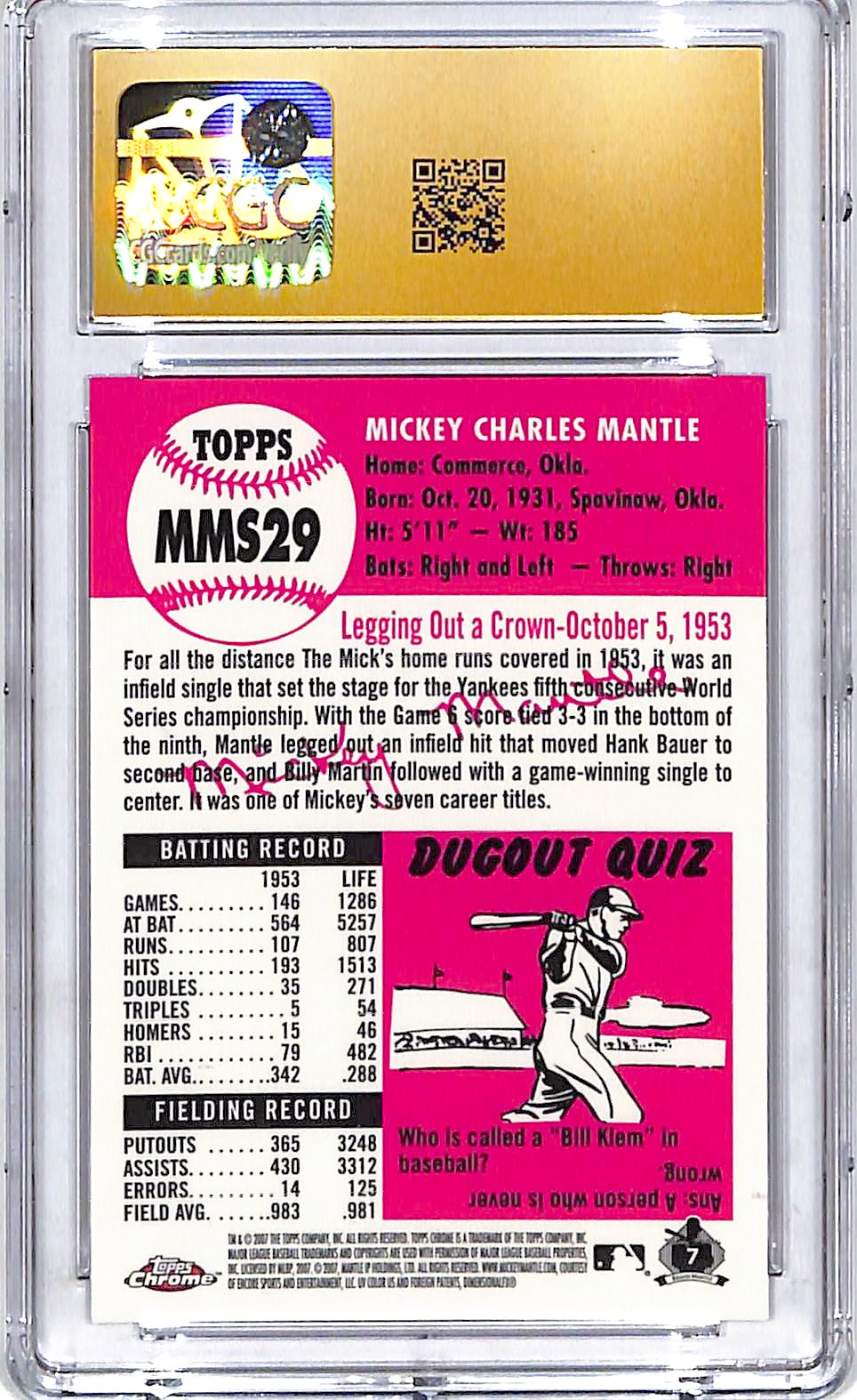 2007 Topps Chrome Mickey Mantle Story CGC 10 Pristine Yankees
