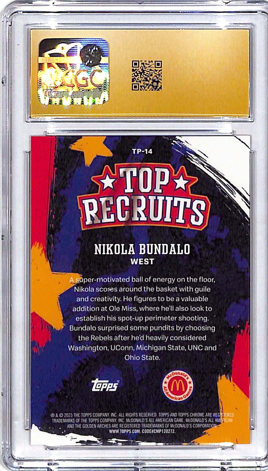 2025 Topps Chrome Mcdonalds Nikola Bundalo Top Recruits Gold Refractor /50 CGC 10 Pristine