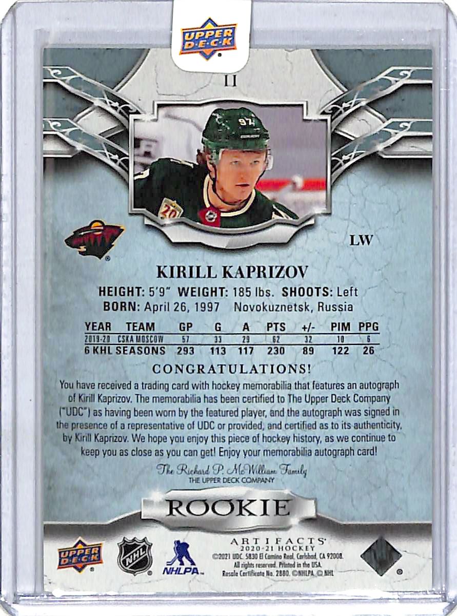 2020-21 Upper Deck Artifacts Kirill Kaprizov Auto Autograph Rookie RC Patch Jersey /35 Wild