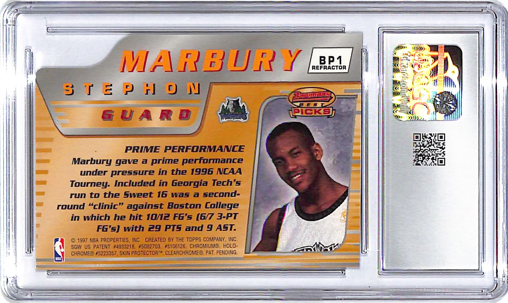 1996-97 Bowman's Best Stephon Marbury Best Picks Refractor CGC 9