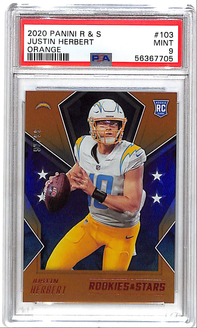 2020 Rookies and Stars Justin Herbert Rookie RC Orange /99 PSA 9 Chargers