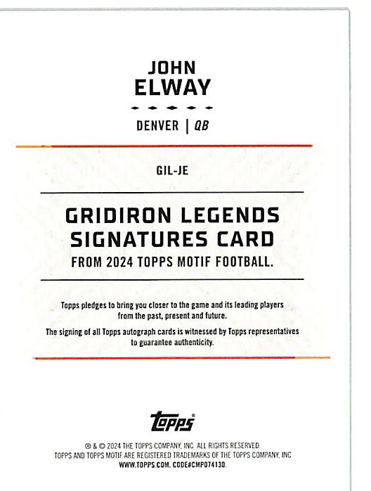 2024 Topps Motif John Elway Auto Autograph Gridiron Legends /10 Broncos