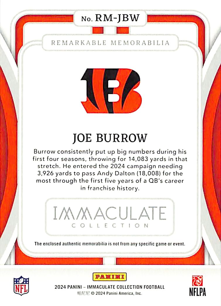 2024 Immaculate Collection Joe Burrow Laundry Tag Patch /10 Bengals