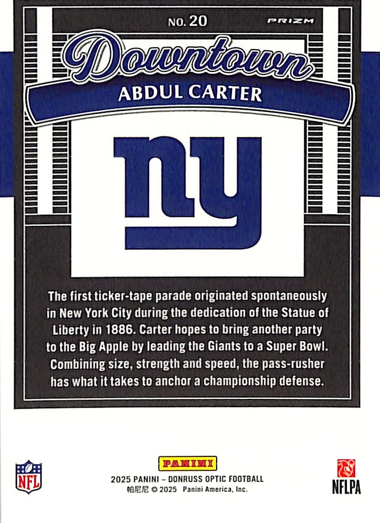 2025 Donruss Optic Abdul Carter Downtown Rookie RC #20 Giants