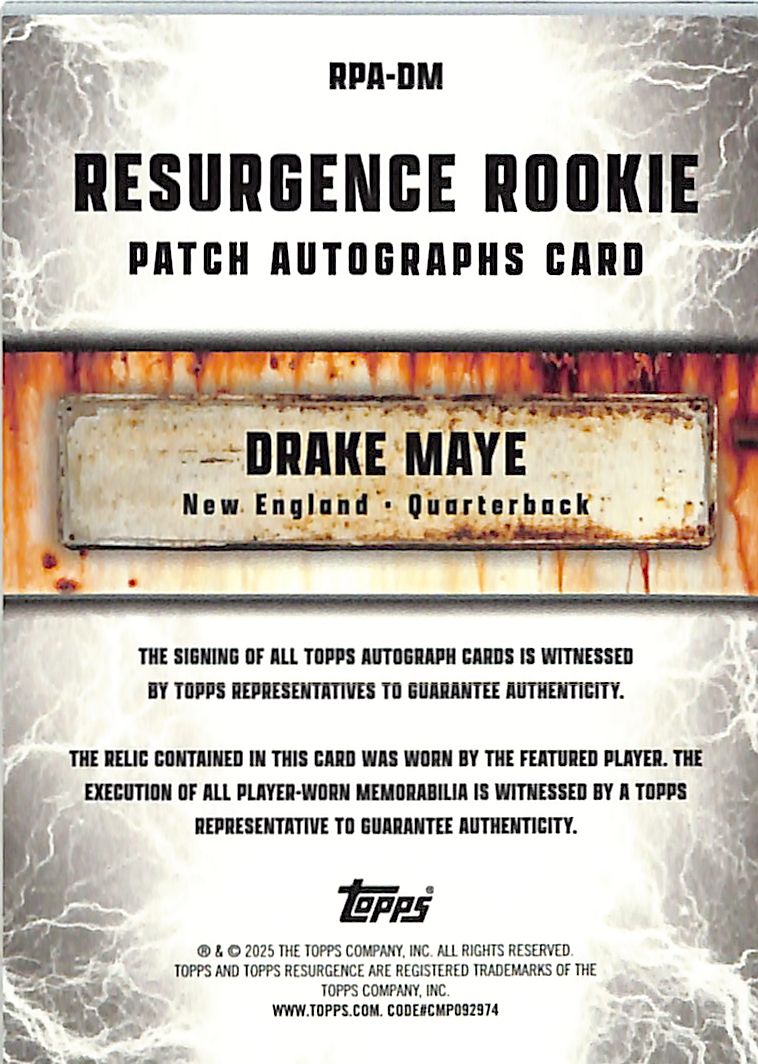 2024 Topps Resurgence Drake Maye Auto Autograph Rookie RC Patch Jersey /125 Patriots