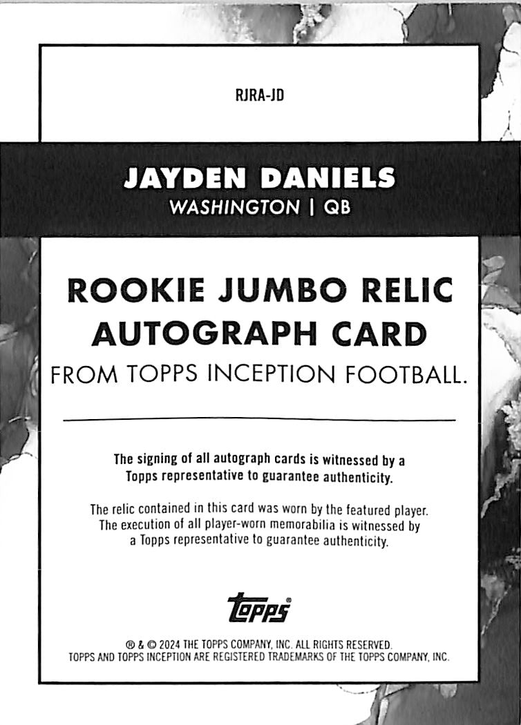 2024 Topps Inception Jayden Daniels Auto Autograph Rookie RC Patch Jersey Purple /125 Commanders