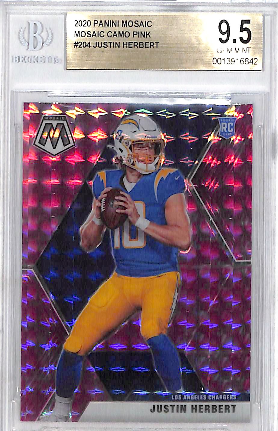 2020 Mosaic Justin Herbert Rookie RC Pink Camo #204 BGS 9.5 Chargers