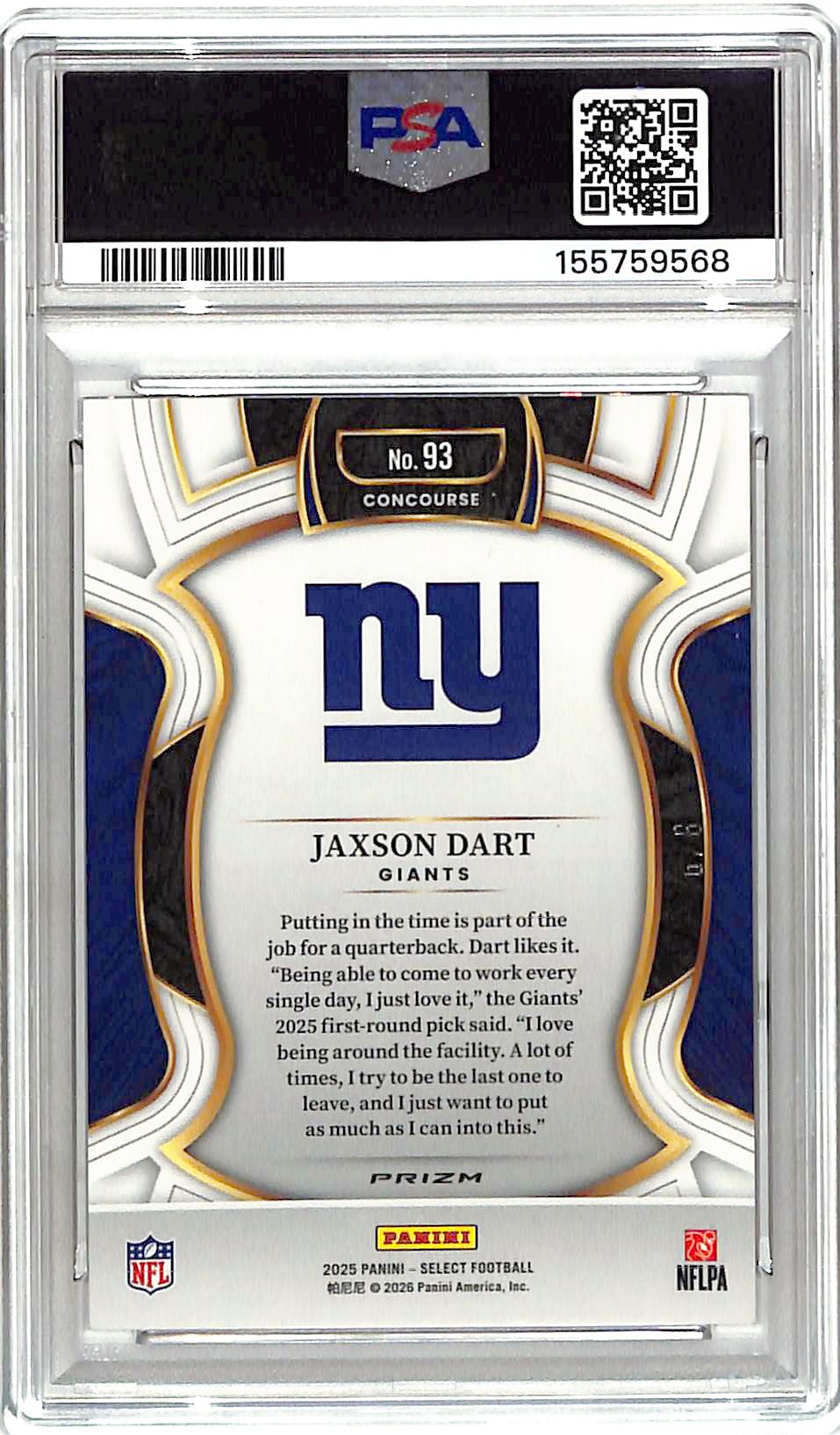 2025 Select Jaxson Dart Rookie RC Lucky Envelope /8 PSA 9 Giants