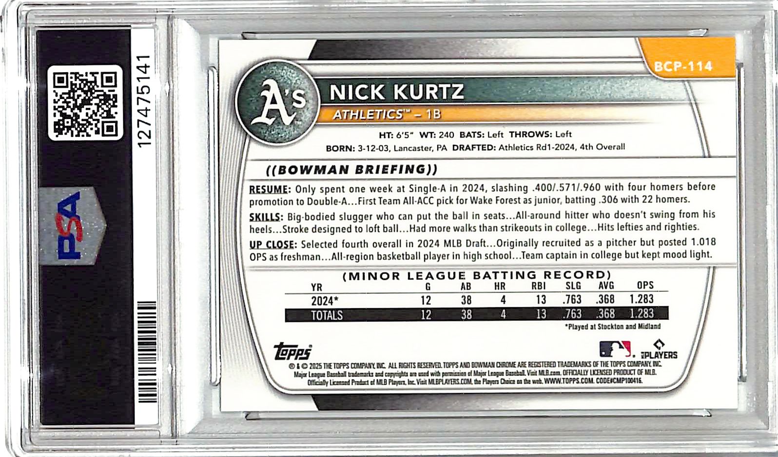 2025 Bowman Chrome Nick Kurtz Rookie RC Black XFractor /10 Prospect PSA 8 Athletics