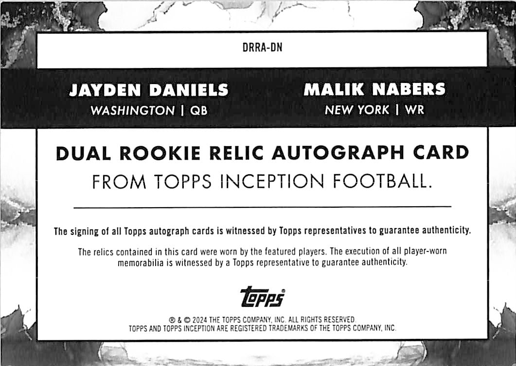 2024 Topps Inception Jayden Daniels Malik Nabers Auto Autograph Rookie RC Patch Jersey /50