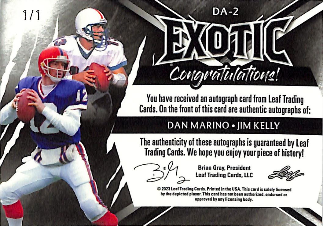 2023 Leaf Exotic Dan Marino Jim Kelly Auto Autograph 1/1