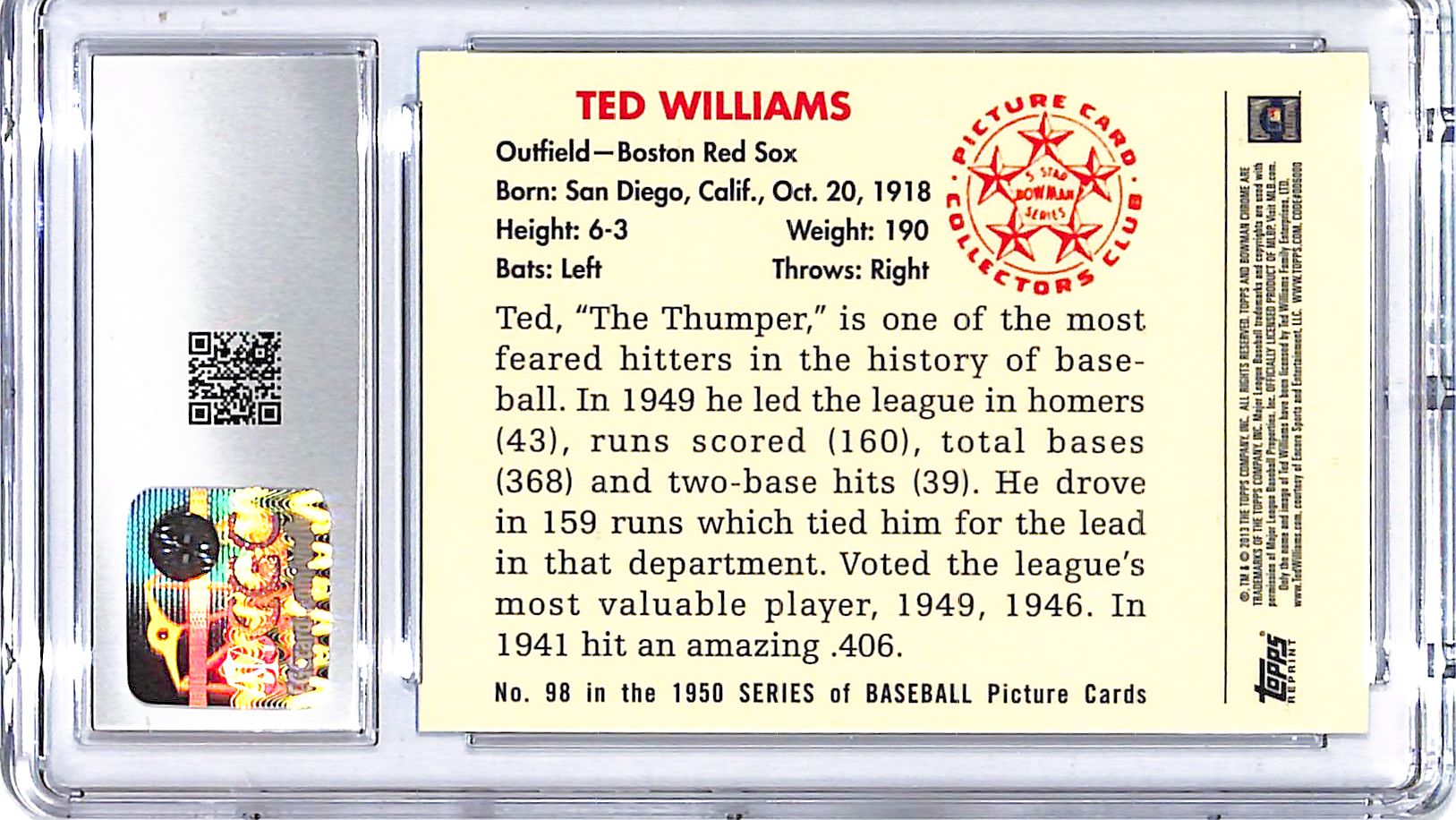 2013 Bowman Draft Picks Prospects Ted Williams Rookie Reprints Blue Sapphire CGC 9.5