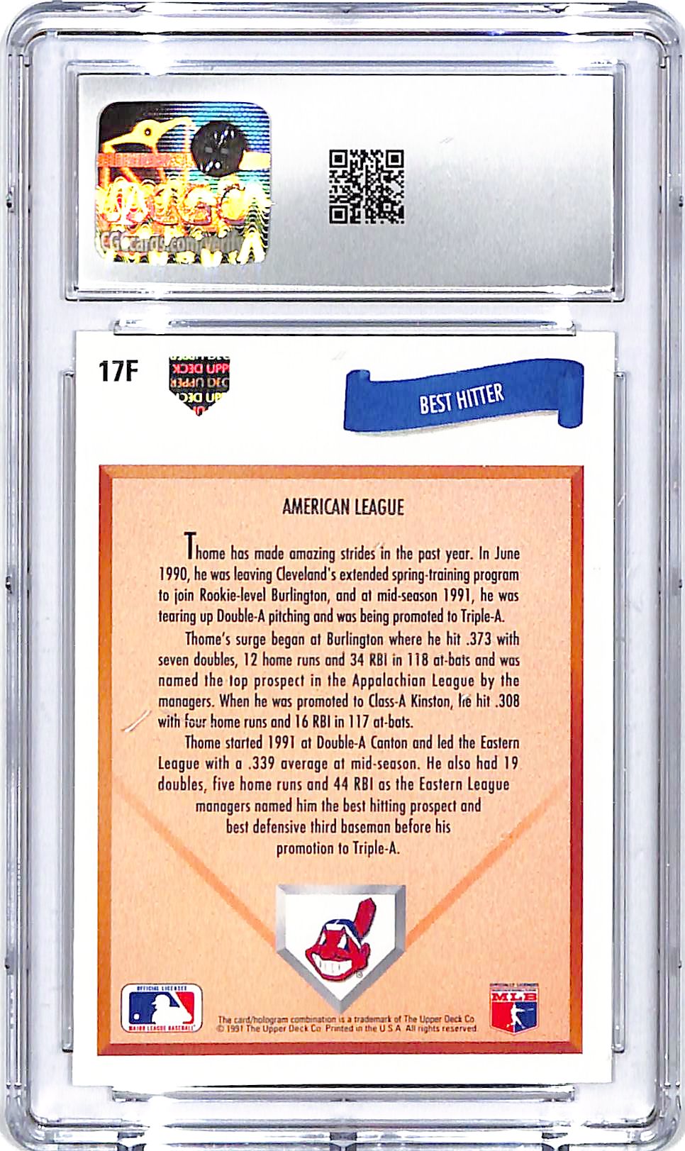 1991 Upper Deck Final Edition Jim Thome Rookie RC #17F CGC 9.5 Indians