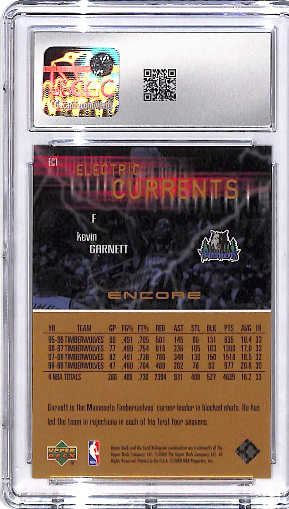 1999-00 Upper Deck Encore Kevin Garnett Electric Currents CGC 9.5 Timberwolves