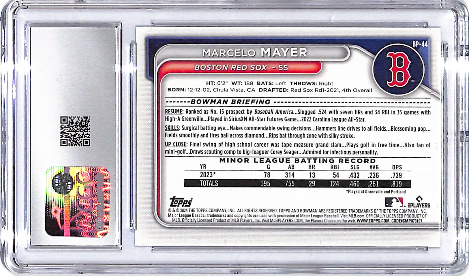 2024 Bowman Marcelo Mayer Prospect Blue Rookie /150 CGC 9.5 Red Sox