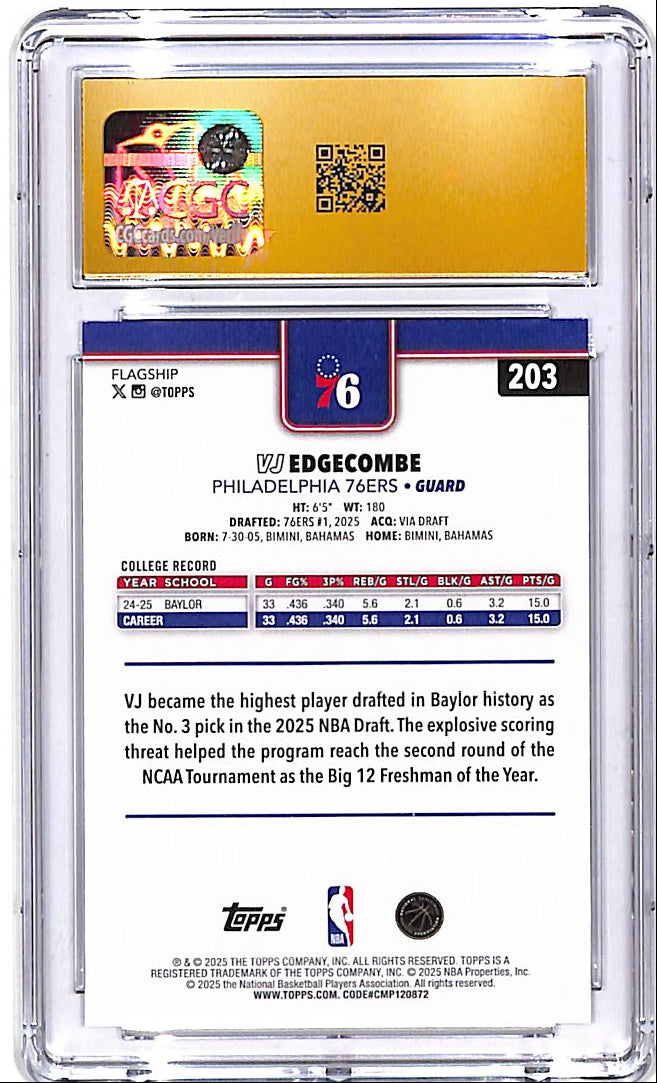 2025-26 Topps VJ Edgecombe Rookie RC #203 CGC 10 Pristine 76ers