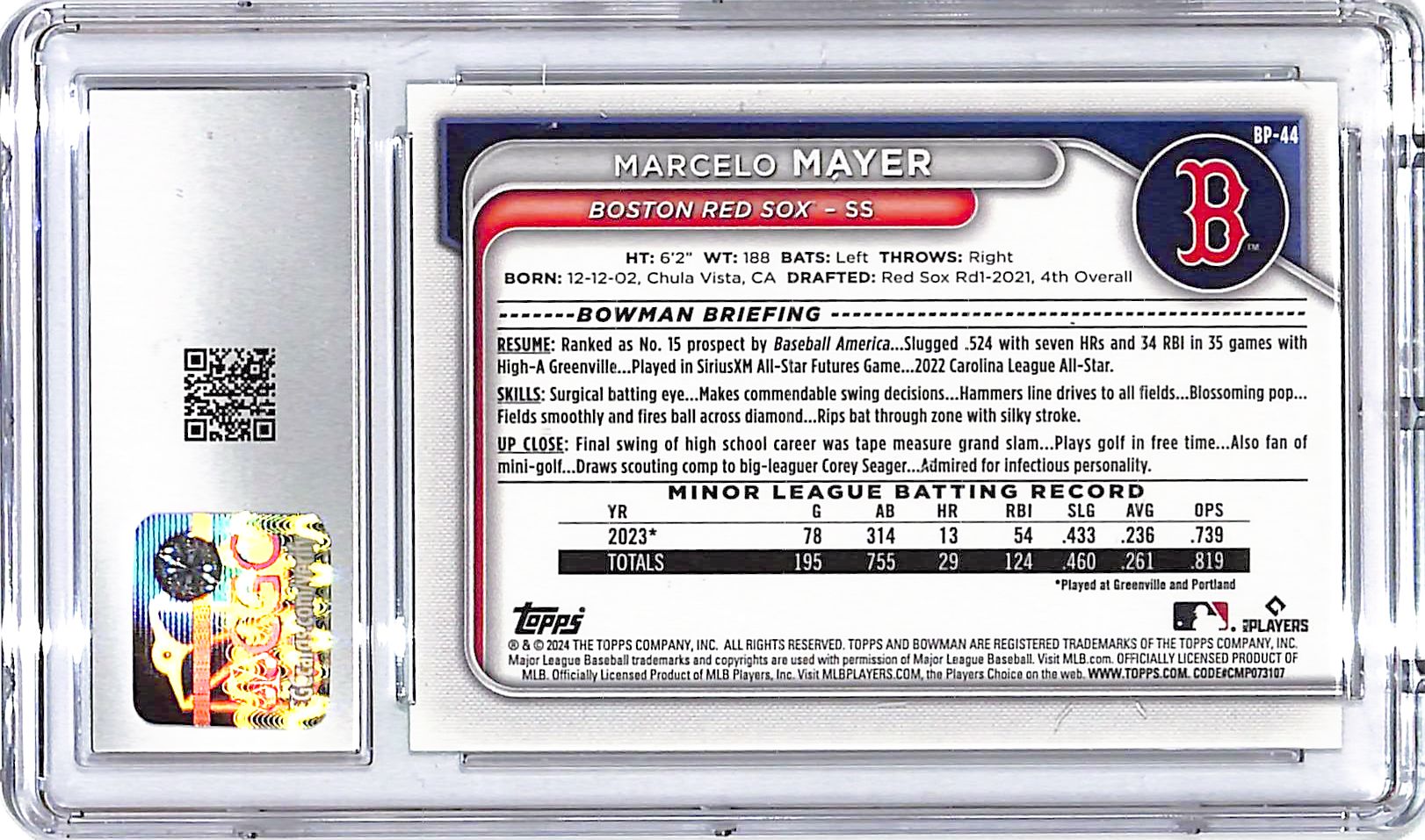 2024 Bowman Marcelo Mayer Prospect Green Rookie /99 CGC 9.5 Red Sox