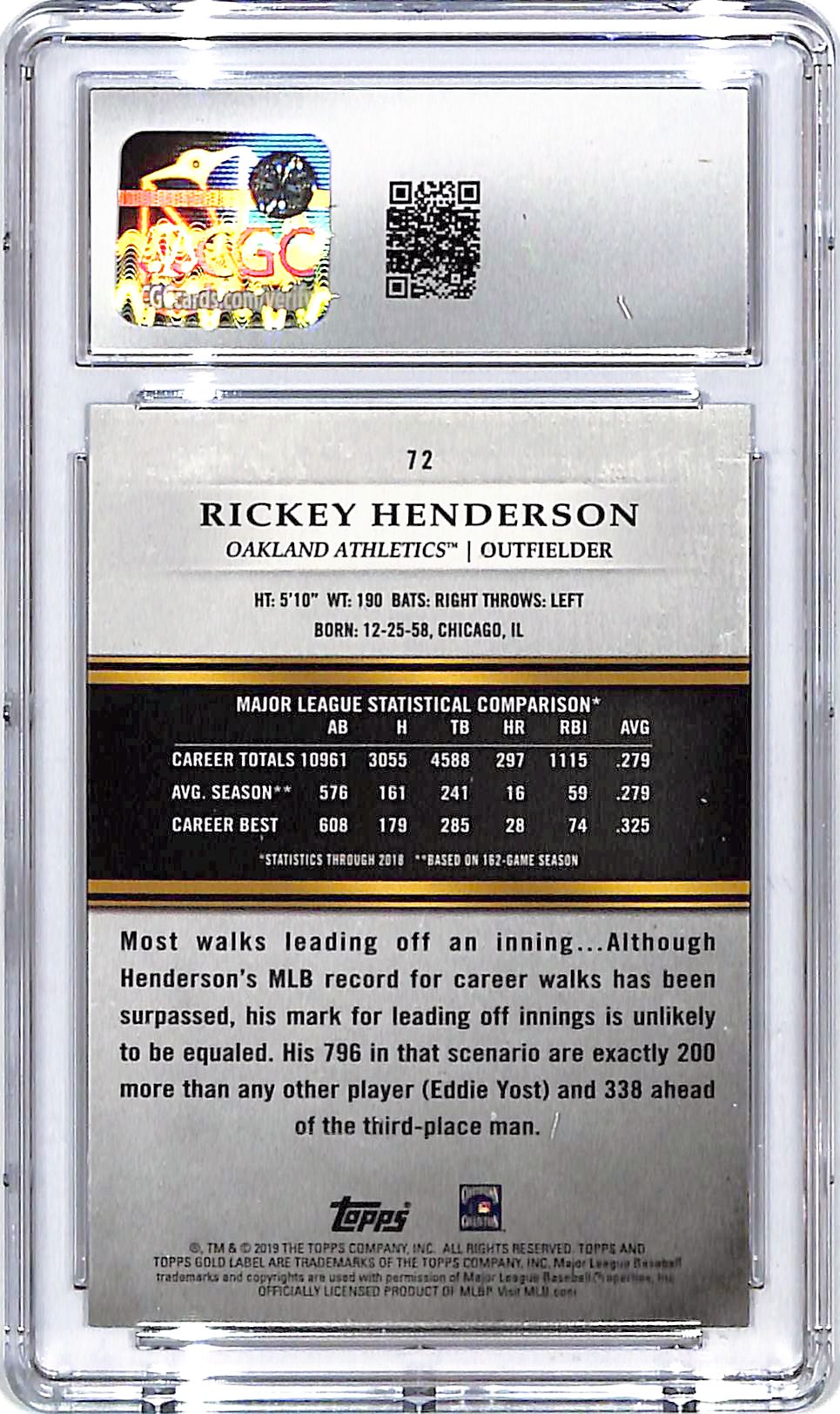 2019 Topps Gold Label Rickey Henderson Class 1 #72 CGC 9.5 Athletics