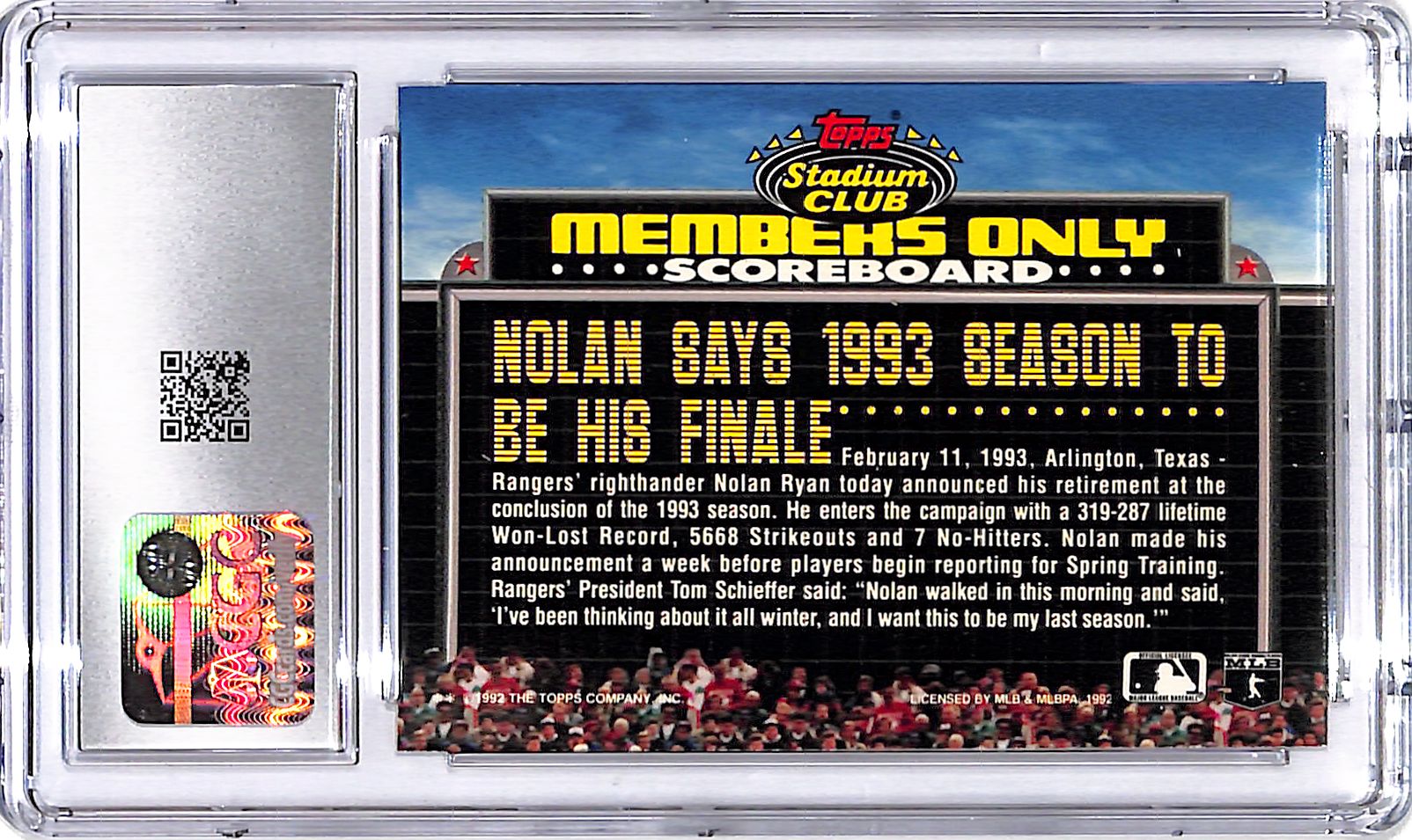 1992 Stadium Club Nolan Ryan Members Only Season Finals CGC 10 Rangers