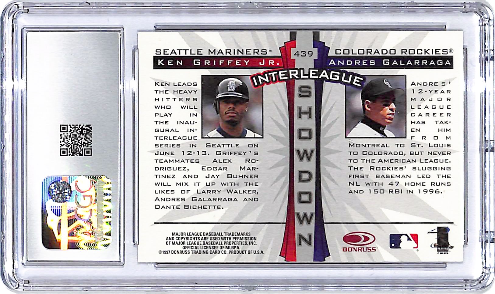 1997 Donruss Ken Griffey Jr Andres Galarraga Interleague Showdown CGC 9.5