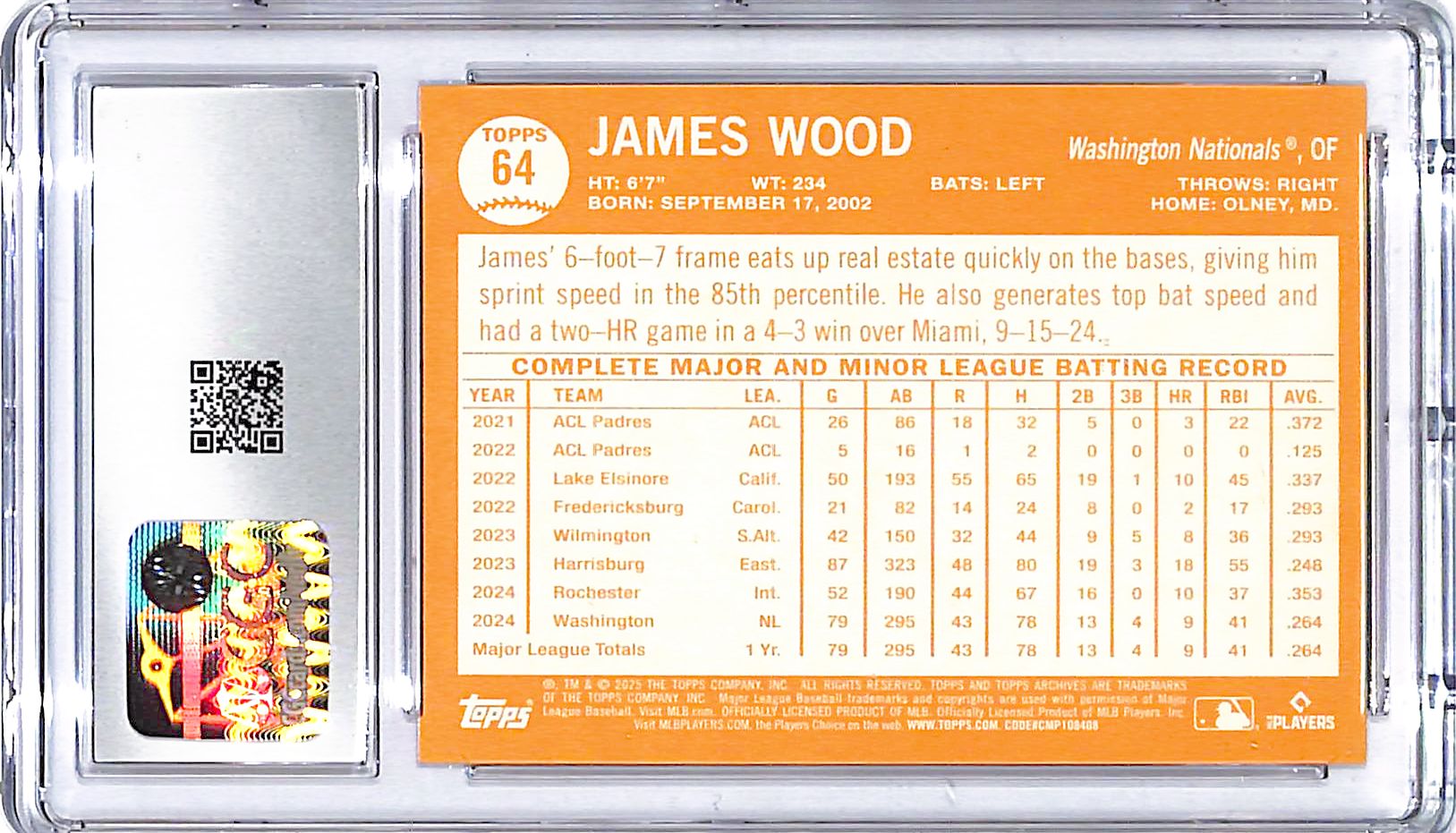 2025 Topps Archives James Wood Pink Foilboard Rookie #64 CGC 9.5 Nationals