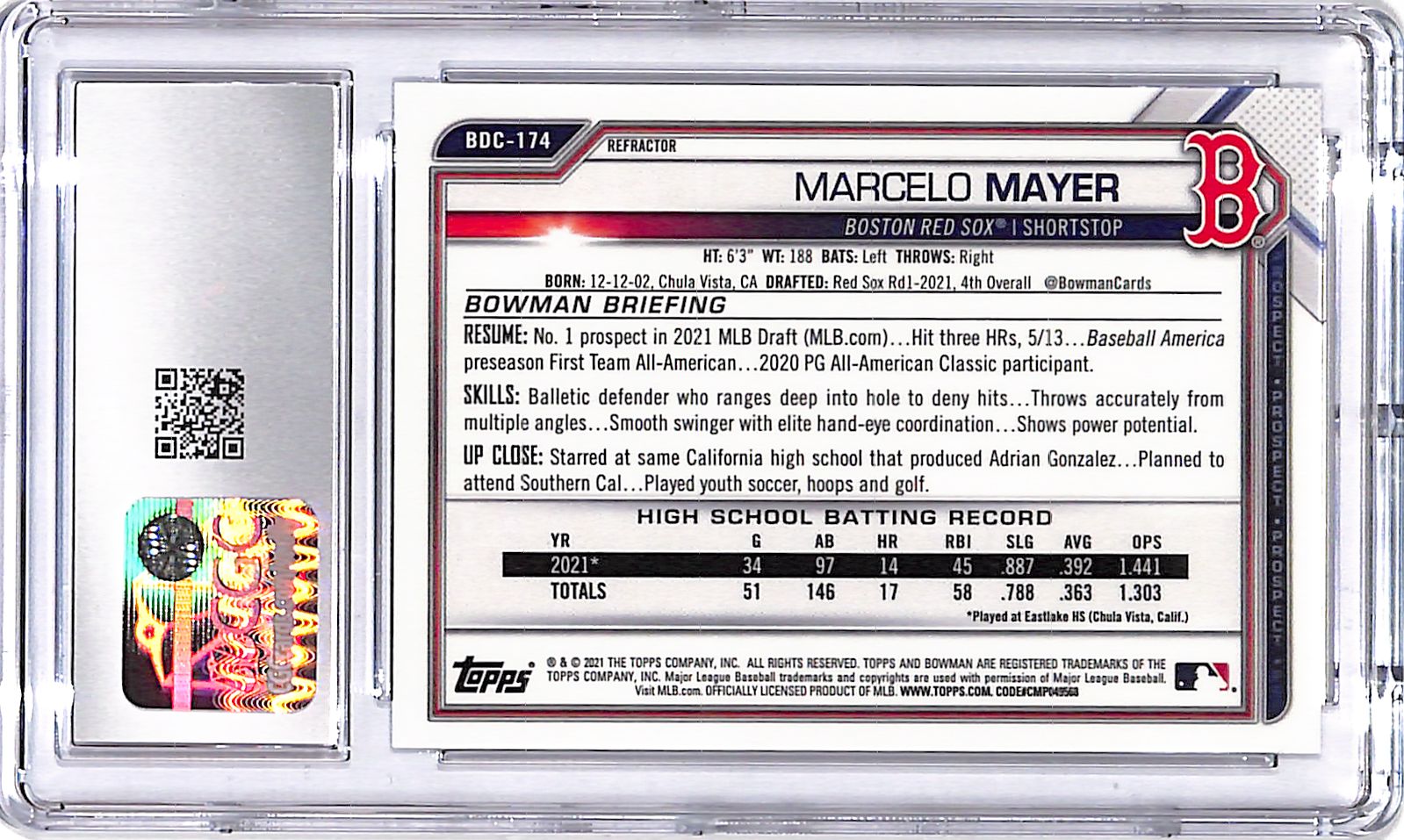 2021 Bowman Chrome Draft Marcelo Mayer Refractor Rookie RC CGC 10 Red Sox