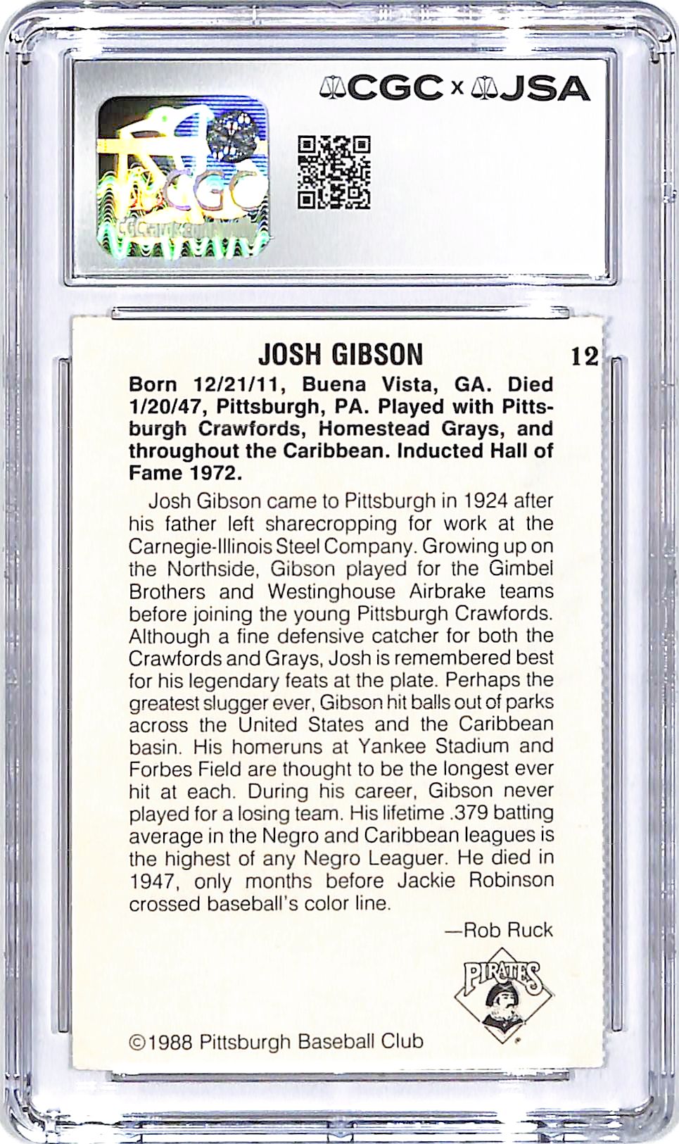 1988 Pittsburgh Pirates Negro League Stars Josh Gibson Jr Auto Autograph CGC Authentic