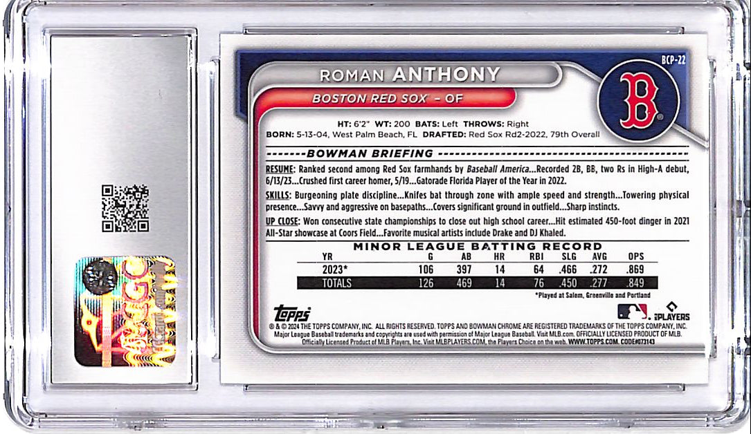 2024 Bowman Chrome Roman Anthony Prospect Rookie RC CGC 10 Red Sox