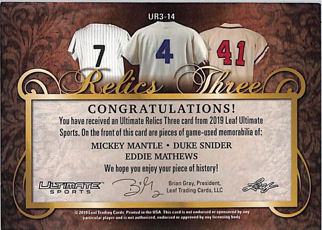 2019 Leaf Ultimate Sports Mickey Mantle Duke Snider Eddie Matthews Jersey Patch Bat Relic /4
