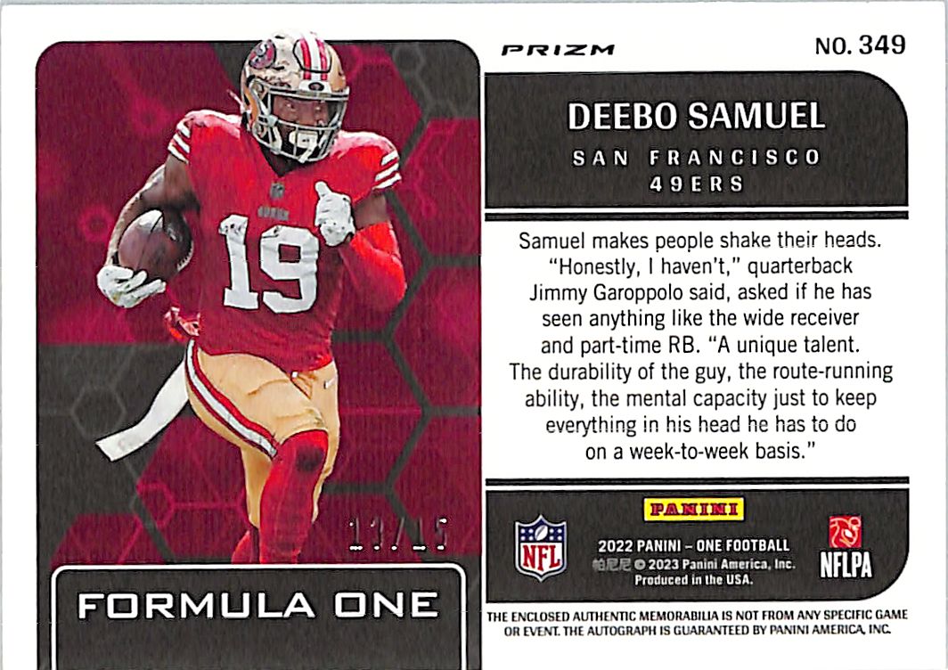 2022 Panini One Deebo Samuel Auto Autograph Patch Jersey Formula One /15 Red 49ers