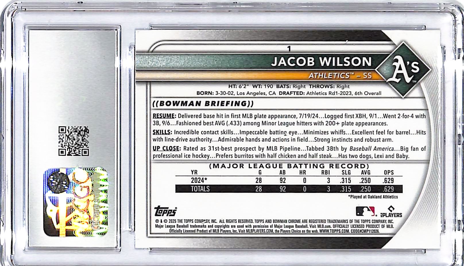 2025 Bowman Chrome Jacob Wilson Rookie RC #1 CGC 10 Athletics