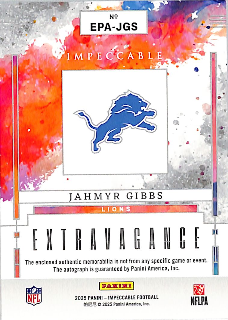 2025 Impeccable Jahmyr Gibbs Auto Autograph Patch Jersey /75 Lions