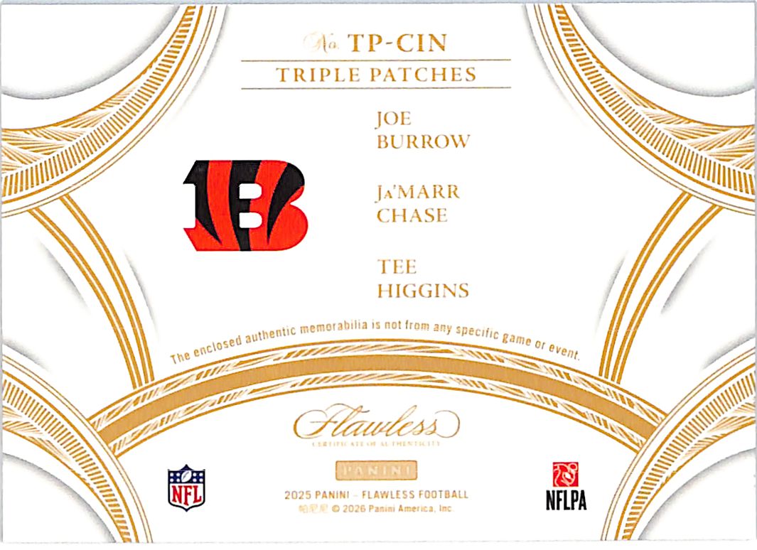 2025 Flawless Joe Burrow Ja'Marr Chase Tee Higgins Jersey Patch /20 JERSEY # Bengals