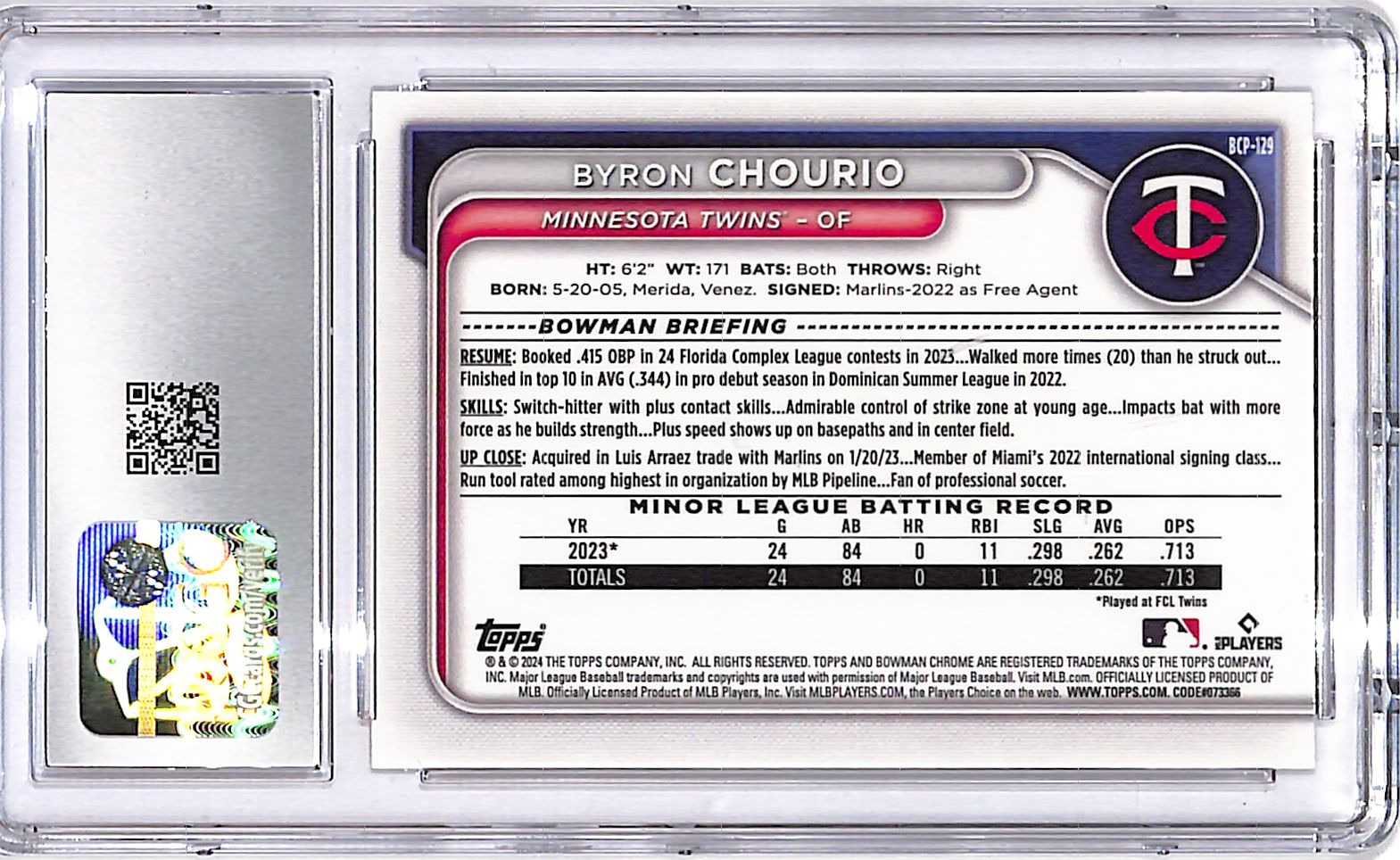 2024 Bowman Chrome Byron Chourio Mega Box Mojo Gold Refractor /50 CGC 10 Twins